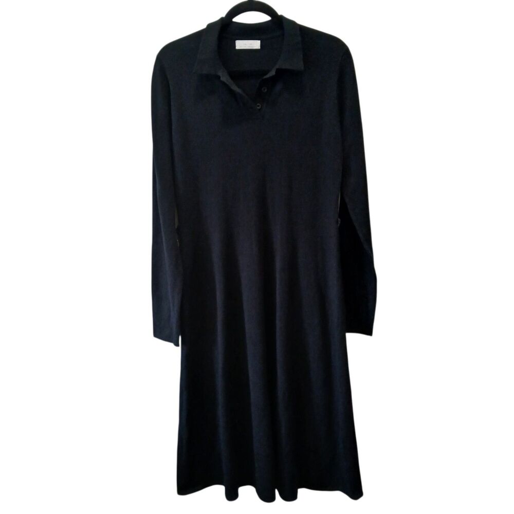 OAK + FORT Minimalist Knit Polo Sweater Dress | Medium M | Black Midi Quiet Lux